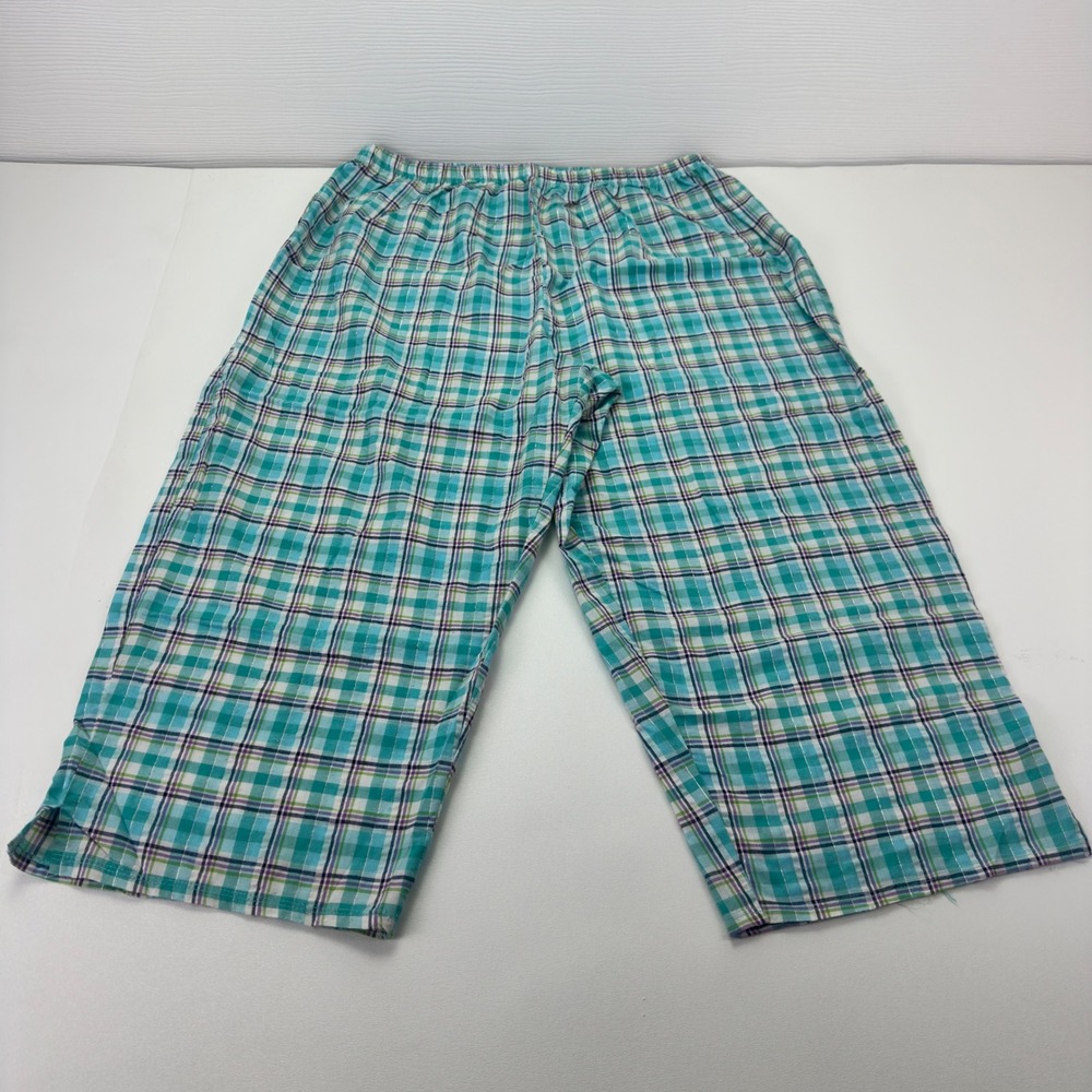 Plaid Pajama Pants Teal Green Metallic Shimmer Sleepwear 2X Cropped Loungewear